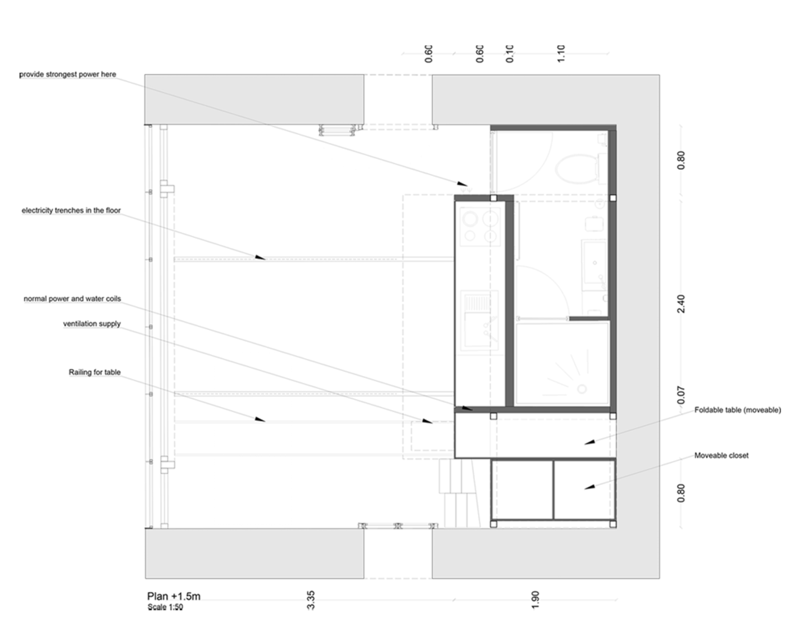 Architectural floor plan of a small living space showing designated areas for power supplies, plumbing, ventilation, a foldable table, and a moveable closet.