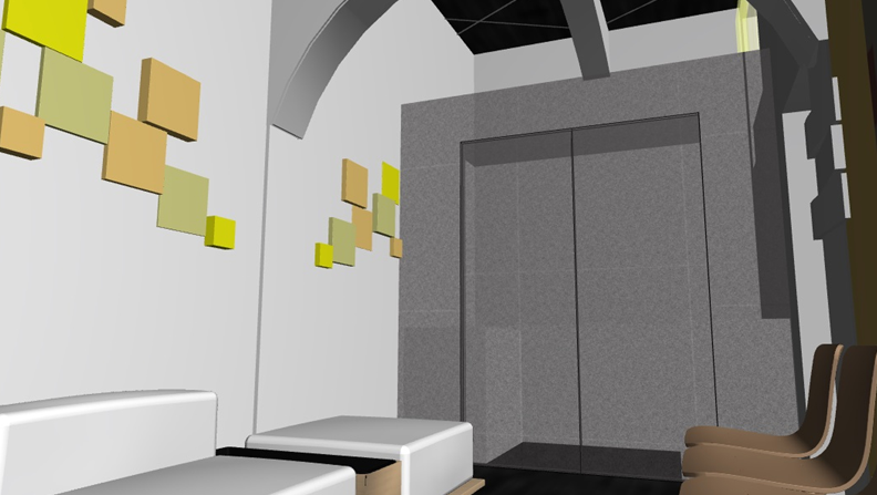 Modern elevator with gray doors in a lobby with white walls, decorative yellow and beige rectangular wall art, white seating, and a brown chair.