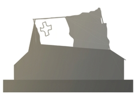 Silhouette of a gravestone with a cross, featuring a flag or plaque at the top