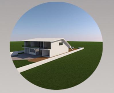 Modern two-story house with a sloped roof, large windows, and a balcony, situated on a grassy lot with a sidewalk in front.
