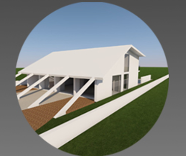 A modern house with a sloping roof, large windows, and a driveway on a grassy area.