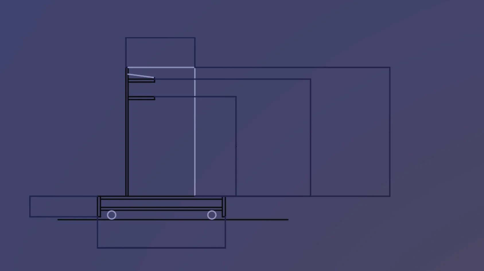 Technical drawing of a cart or trolley with a box on top.