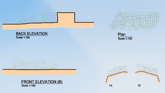 Architectural drawings including back elevation, front elevation, plan view, and two section views labeled 1A and 1B.