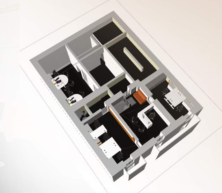 3D floor plan of a small office or clinic with several rooms, desks, and seating areas, featuring black, white, and gray color schemes with some orange accents.