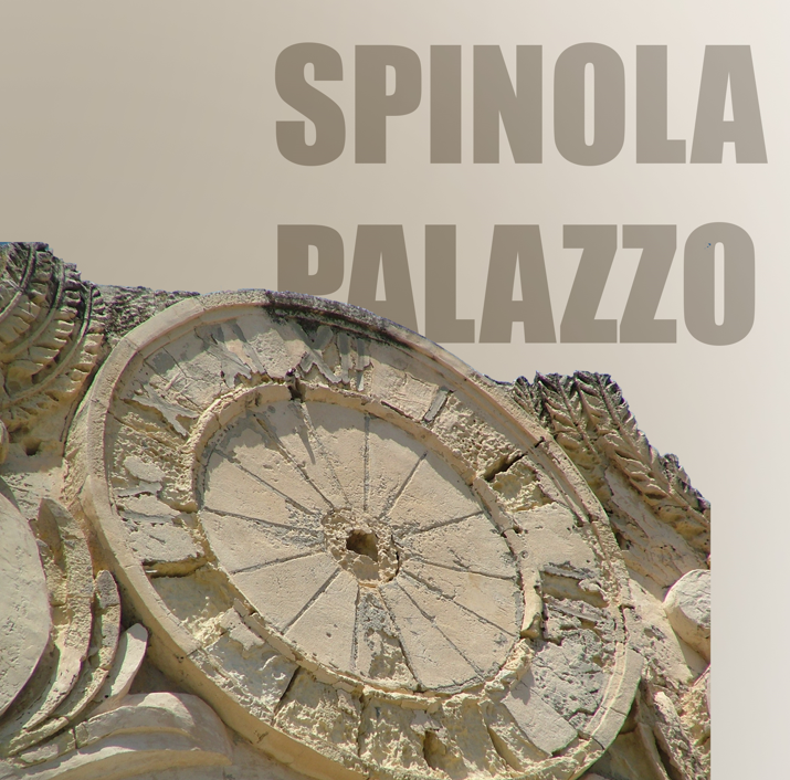 Close-up of an ornate architectural detail featuring a broken, weathered clock face with Roman numerals, and a sign reading "SPINOLA PALAZZO" in large, bold letters in the background.