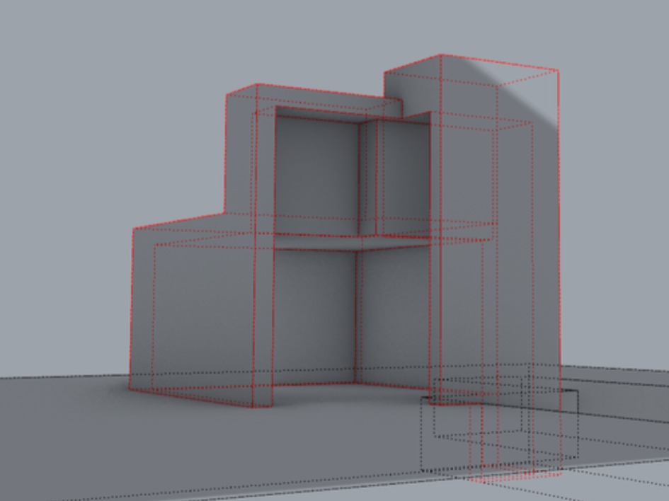 Digital wireframe model of a modern multi-level building with geometric design, gray walls, and structural outlines highlighted in red, set against a gray background.