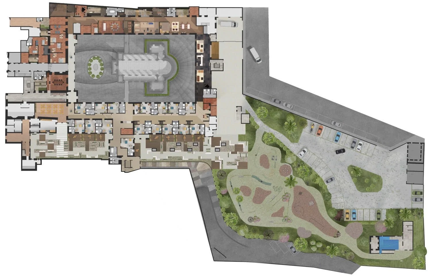 Architectural floor plan of a building with various rooms, a central outdoor courtyard, parking lot, landscaped garden, and swimming pool.