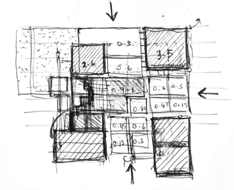 Hand-drawn architectural floor plan with various rooms, measurements, and arrows indicating directions.