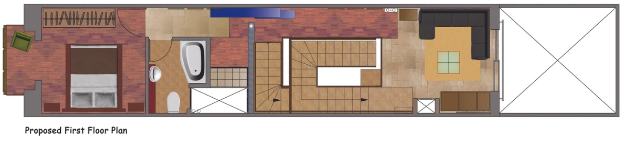 Floor plan of a proposed first floor layout showing a bedroom, bathroom, staircase, and living area with sofa and coffee table.