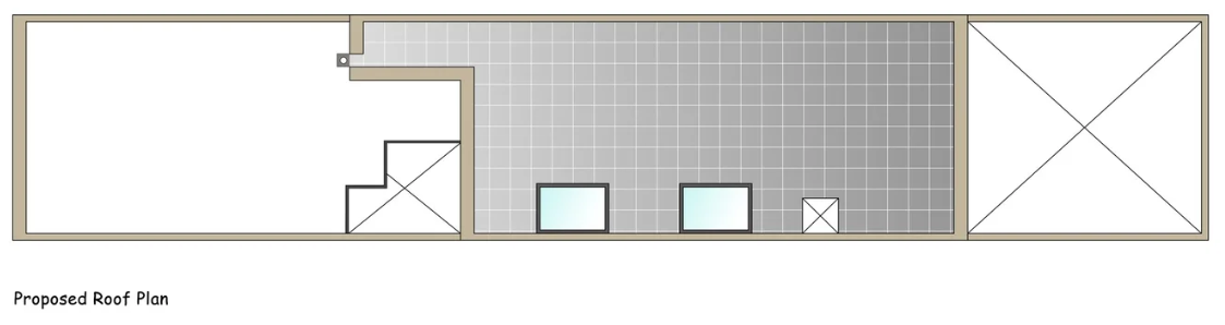 A proposed roof plan of a building with an open area, two skylights, a small enclosed room, and a staircase.