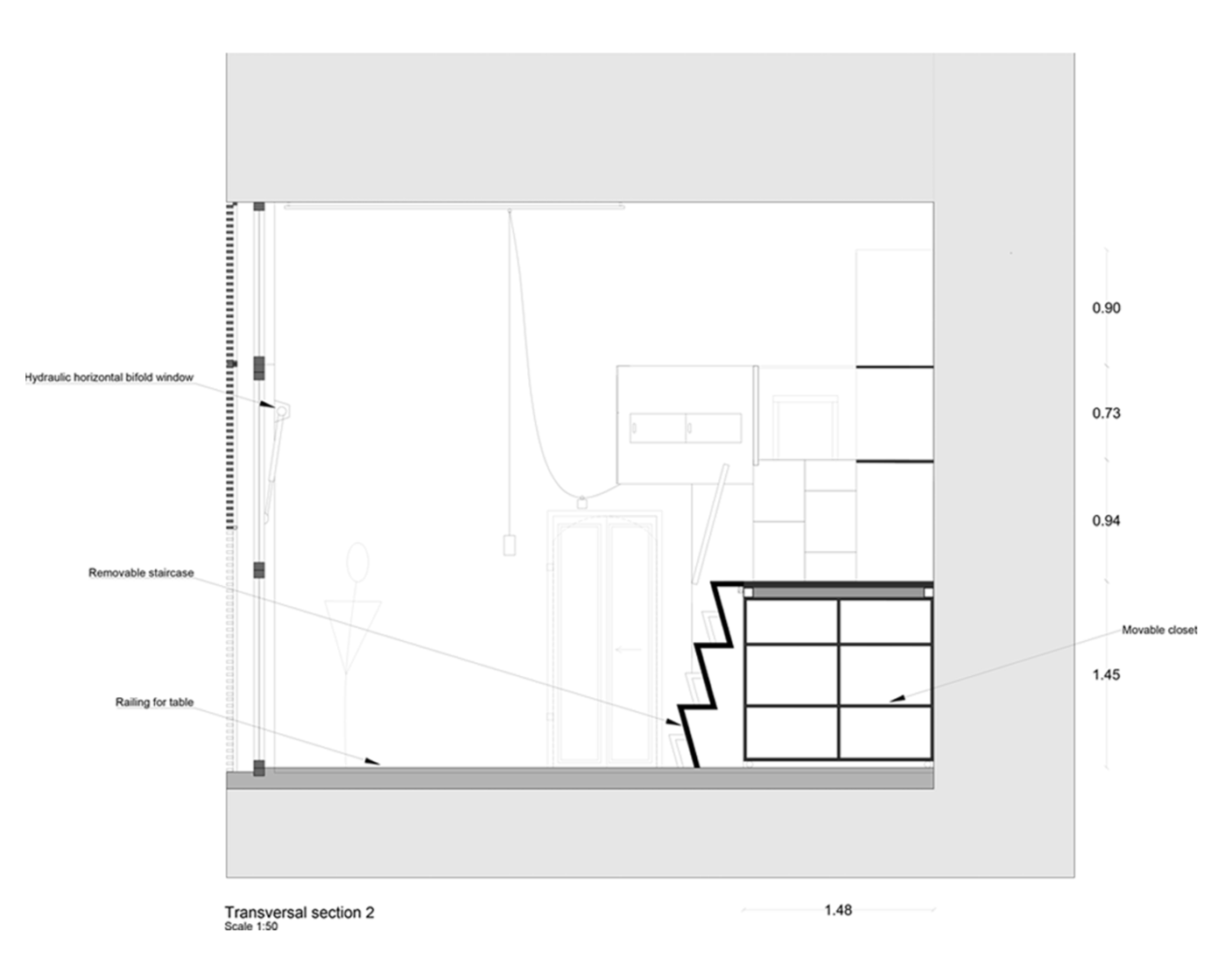 Architectural drawing of a room with labels pointing to features such as a hydraulic horizontal bifold window, removable staircase, railing for table, and movable closet. The image includes measurements and a cross-sectional view.