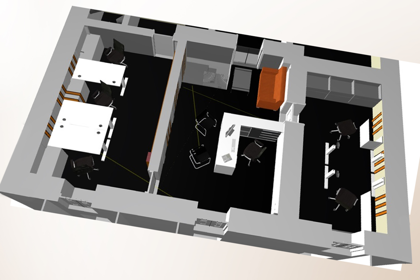 3D floor plan of an office with multiple rooms, desks, chairs, and a reception area.