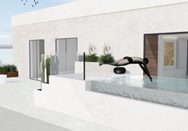 Modern white building with outdoor pool and minimalist decor, a person diving into the pool, and sliding glass doors.
