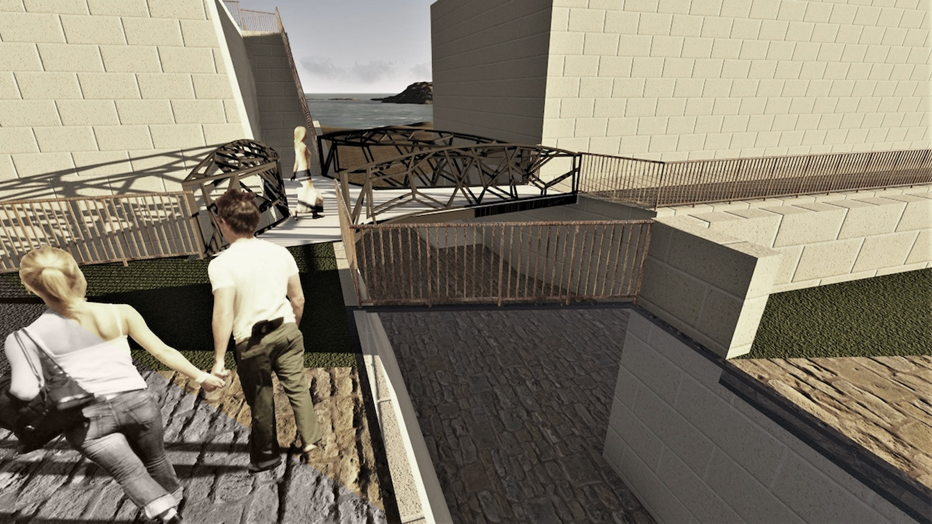 A digital rendering showing two people walking on a cobblestone path near a waterfront, with modern architectural structures and metal railings surrounding the area.