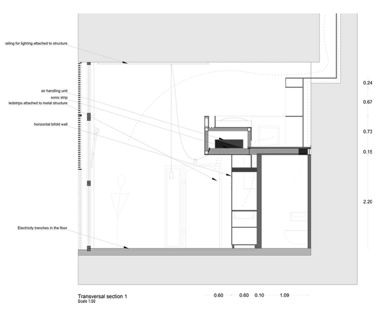 Architectural cross-section drawing of a building with detailed annotations including wiring, walls, and structural components.