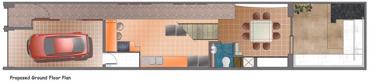 A proposed ground floor plan of a house showing a garage with a car, a kitchen, a staircase, a bathroom, a dining area with a round table and six chairs, and a patio with outdoor seating and plants.