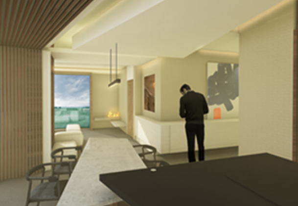Man standing in modern living room with artwork on the wall, large window with city view, and dining area with chairs.