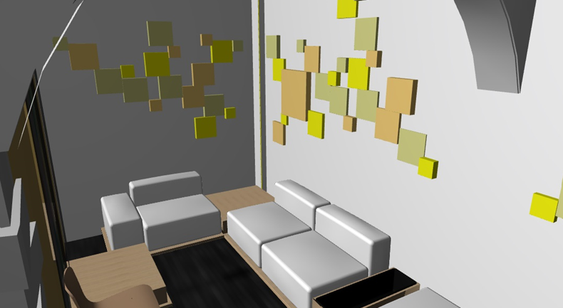Modern living room with gray and white couches, a small wooden side table, and abstract wall art with yellow and brown squares.