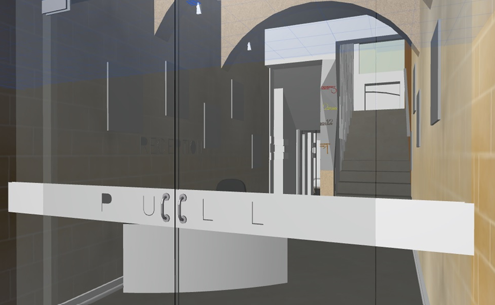 Interior view of a modern building with glass doors, a staircase, and a sign that reads 'PUBLIC'