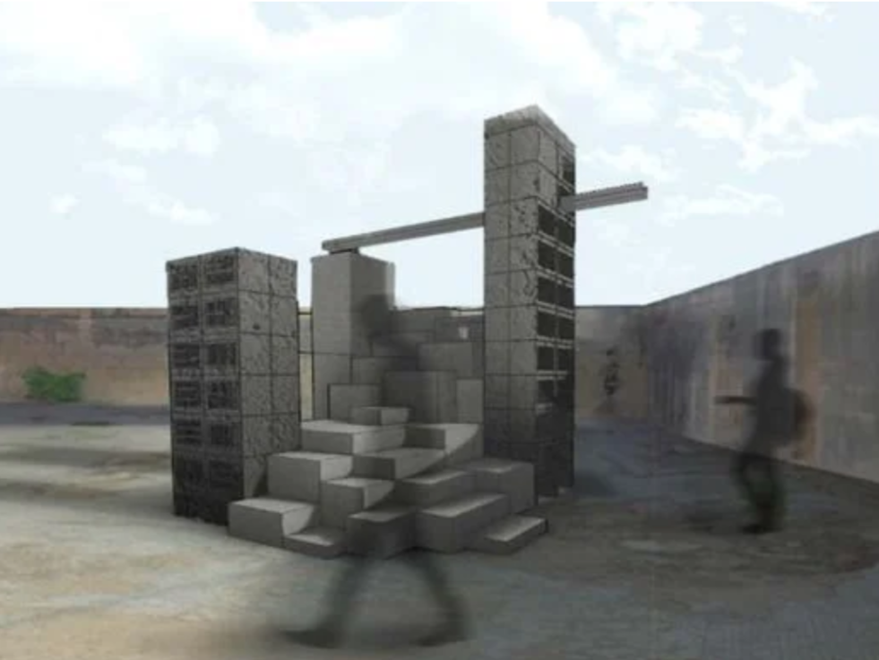 A concrete staircase with three steps is surrounded by four brick pillars with open spaces, situated outdoors against a background of a brick wall and cloudy sky. A person is walking past, blurred, to the right.