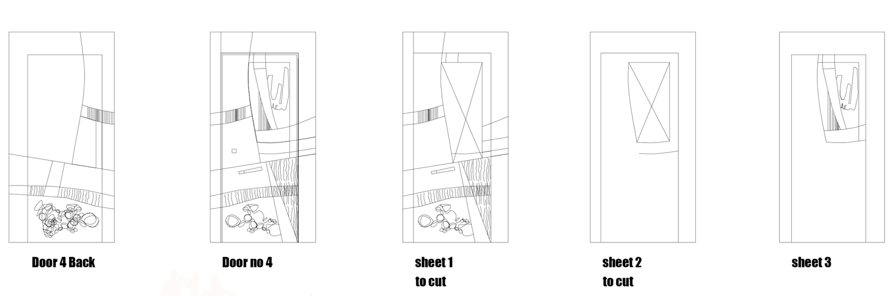 Line drawings of door templates labeled 'Door 4 Back,' 'Door no 4,' 'sheet 1 to cut,' 'sheet 2 to cut,' and 'sheet 3,' with various design outlines for cutting.
