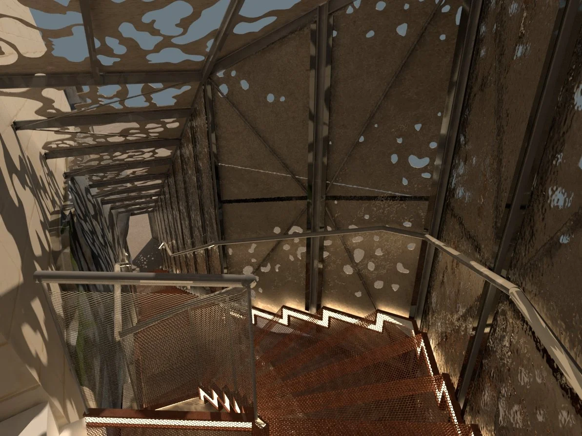 A spiral staircase with a metal railing and perforated metal steps, surrounded by textured, dark-colored walls with white irregular spots, illuminated by a warm light.