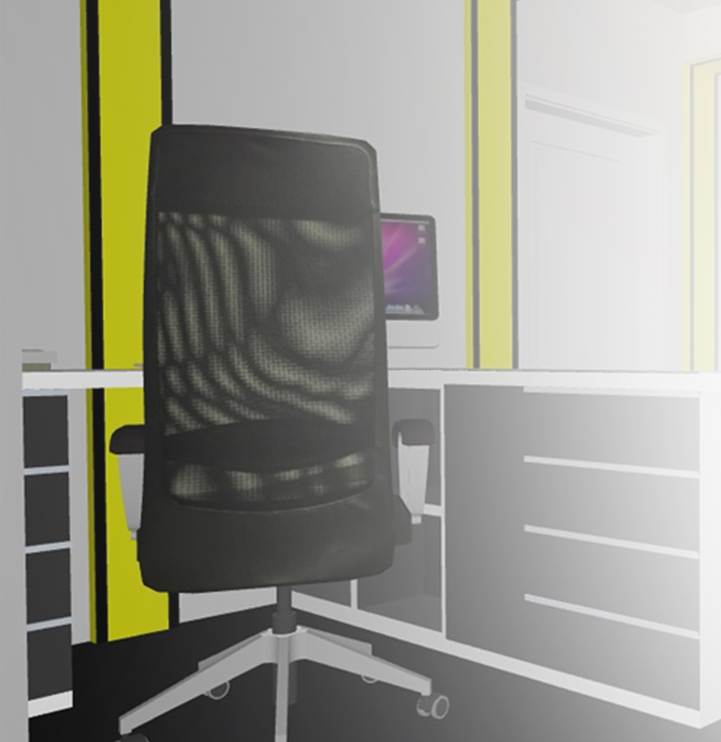 An office desk with a black ergonomic chair in front of a computer monitor, set in a room with gray and yellow walls.