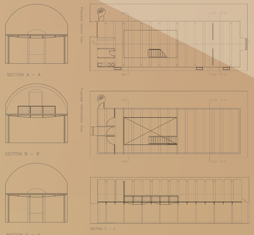 Architectural blueprint displaying floor plans and cross-sections of a building with curved and rectangular sections, including details of walls, stairs, and structural elements.