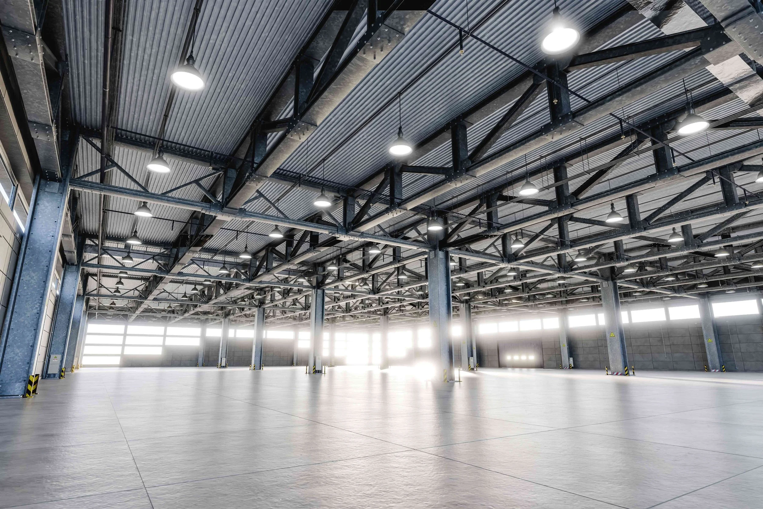 Empty industrial warehouse with high metal ceiling and hanging lights, large open space, concrete floor, and wall with garage doors.