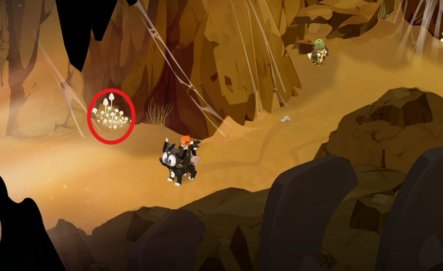 Dofus Torrente Arcano. Personajes en un paisaje de cueva con rocas, plantas y telarañas, uno montando un caballo negro con blanco y otro observando en la distancia.