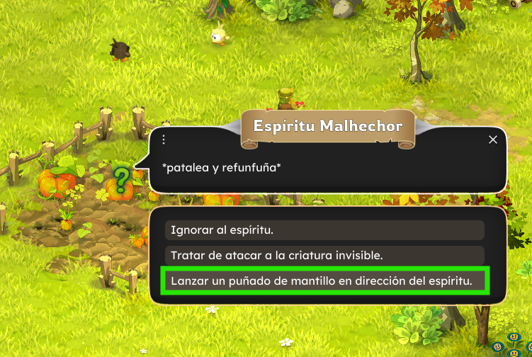 Pantalla de videojuego con cuatro opciones de acción sobre un espíritu malicioso en un entorno de campo con plantas, árboles y animales pequeños.