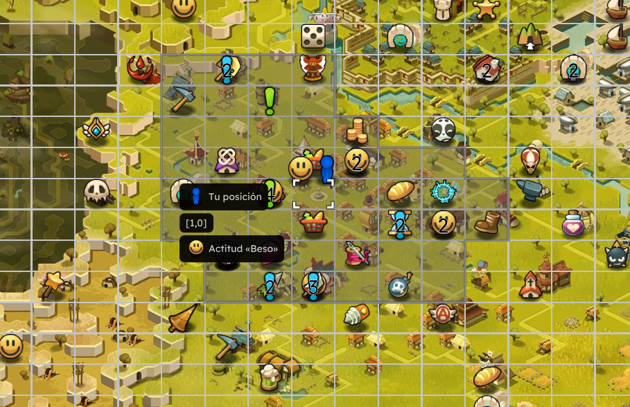 Mapa de un juego con icons de personajes, recursos, objetos y ruinas en un entorno de campo, con destacados en azul y etiquetas en español.