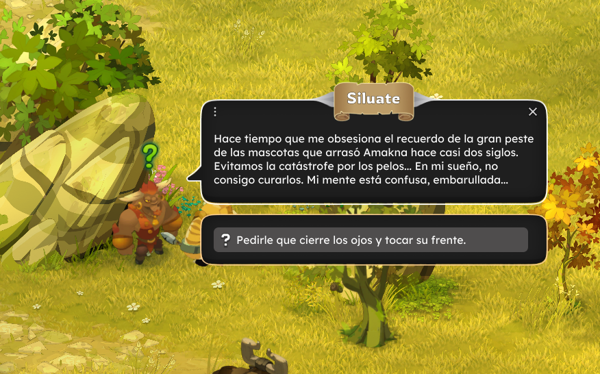 Dofus Torrente Arcano. Pantalla de un videojuego con personajes en un entorno de bosque con árboles verdes y arbustos, mostrando un diálogo en español y opciones de interacción.