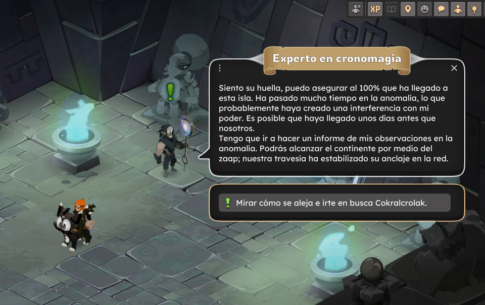 Dos personajes en un entorno de piedra con símbolos antiguos, uno con un caballo en miniatura y el otro con un objeto en la mano, cerca de un fuego místico y una estatua con un signo de interrogación.