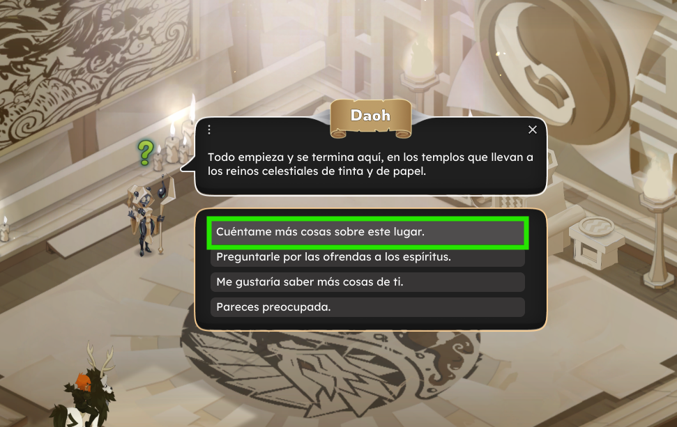Dofus Torrente Arcano. Pantalla del juego que muestra un diálogo con la deidad Daoh y varias opciones de conversación en un entorno con decoración de estilo clásico y velas encendidas.