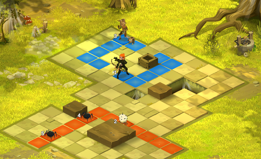Dofus Torrente Arcano. Pantalla de un juego de estrategia táctico con personajes y criaturas en un entorno natural con árboles y pasto, mostrando movimientos y ataques en un tablero de cuadrícula.