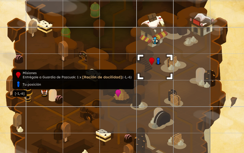 Pantallazo de un mapa del videojuego con marcadores de misión y posición del jugador, en un entorno rocoso y desertico con objetos y vías de diferentes colores.