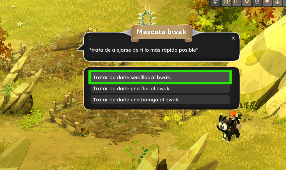 Dofus Torrente Arcano. Pantalla de videojuego con opciones para tratar a una mascota llamada bwak, incluyendo ofrecerle semillas, una flor o una banana.