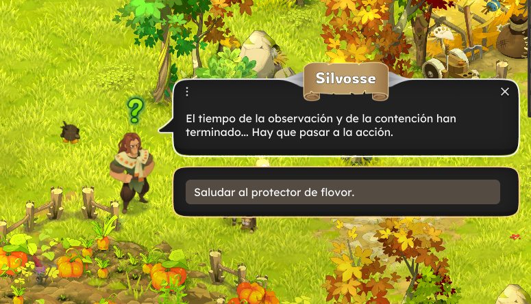 Personaje en un entorno de bosque con plantas y árboles, saludando a un protector de flores y con un cuadro de diálogo que dice 'El tiempo de la observación y de la contención han terminado... Hay que pasar a la acción.'