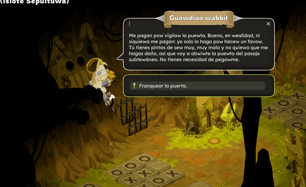 Un personaje de fantasía, un gato con gafas, sentado en el borde de una cueva, hablando sobre cómo no tienen que pagar por dormir en la puerta y que la pisan por hacer un favor. Opción para cerrar la puerta.