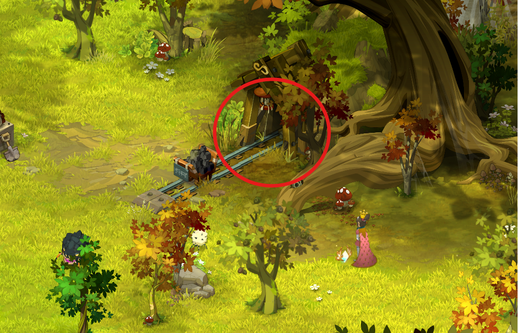 Dofus Torrente Arcano. Escena de un bosque colorido con árboles con hojas de colores otoñales, setas, un camino de rieles con un tren pequeño y una figura humana con un perro, así como algunas plantas y rocas.