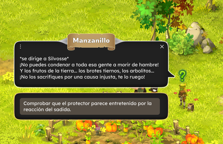 Pantalla del juego con texto en español, un jardín con calabazas, arbustos y una zona de cultivo, personaje en el fondo cerca de un árbol y objetos del juego.