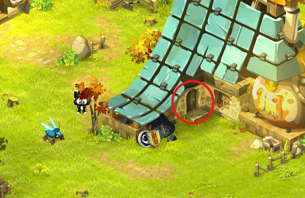 Dofus Torrente Arcano. Casa con techo de tejas azules, rodeada de césped verde, un árbol con hojas naranjas, dos personajes de dibujos animados, uno con aspecto de gato y otro de criatura con alas azules, y objetos dispersos en el jardín.