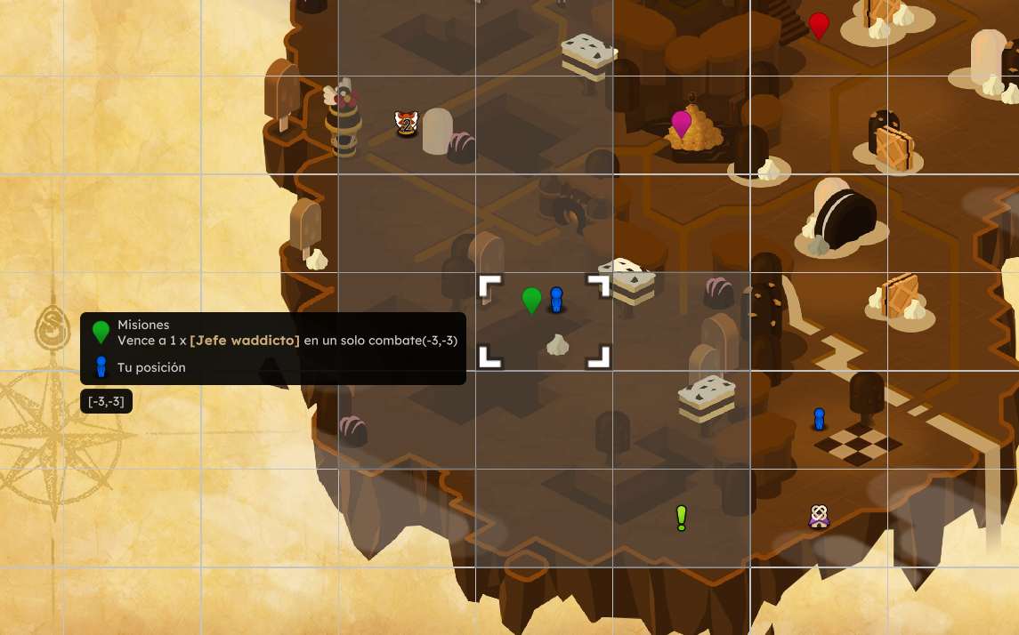 Mapa del juego con iconos de personajes y misiones, mostrando una misión en la posición (-3, -3).