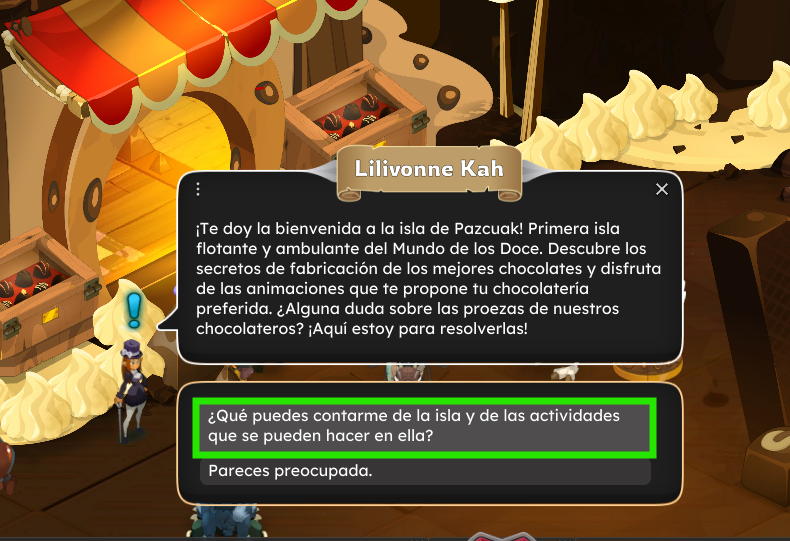 Pantalla de bienvenida de la isla de Pazpack, en un entorno de feria con puestos de dulces y actividades. Opción resaltada para conocer la isla y sus actividades.