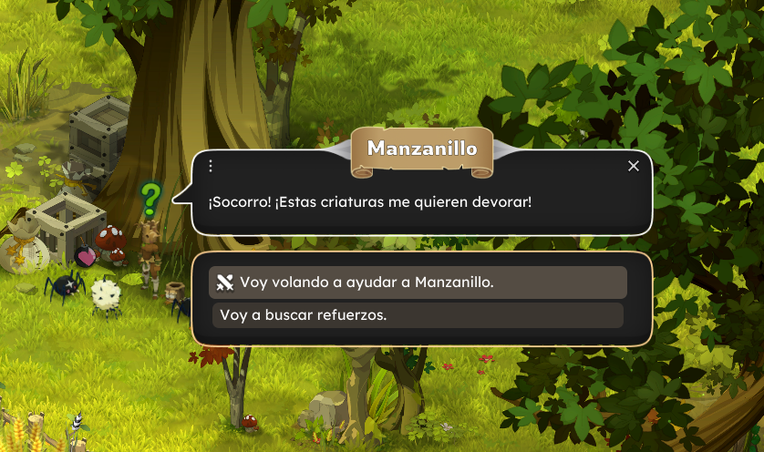 Dofus Torrente Arcano. Pantalla de juego con personajes y diálogos sobre un árbol. Texto principal dice: "¡Socorro! ¡Estas criaturas me quieren devorar!". Opciones de acción: volar a ayudar a Manzanillo o buscar refuerzos.