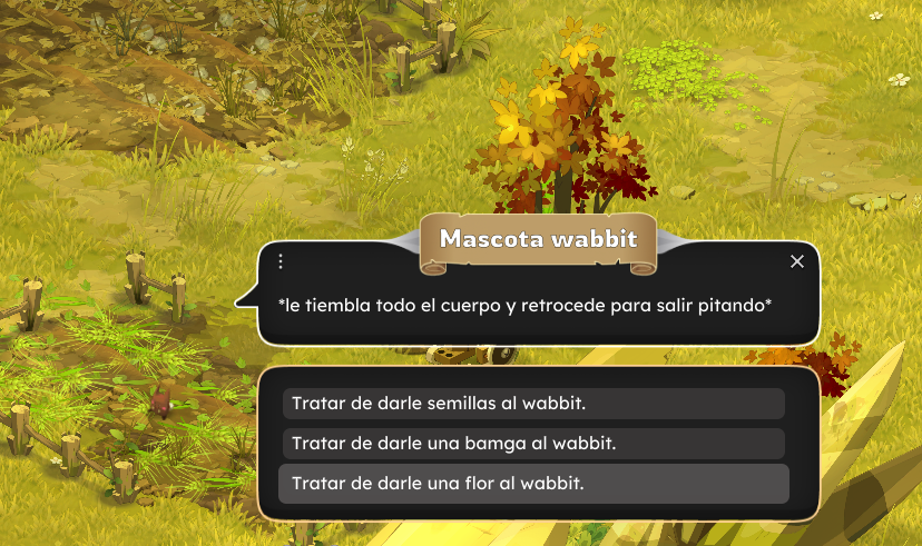 Dofus Torrente Arcano. Pantalla de videojuego con opción interactiva para ayudar a un wabbit mascota, en un entorno natural con plantas y árboles.