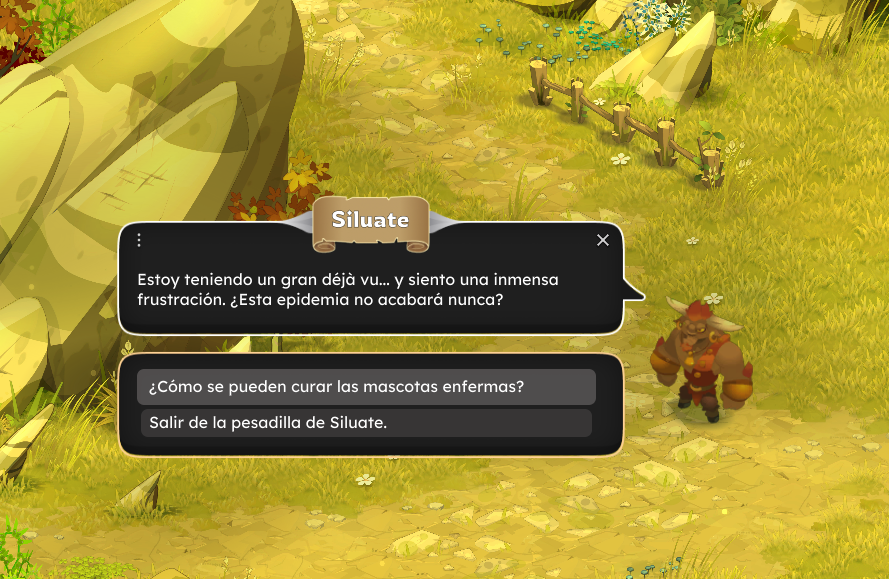Dofus Torrente Arcano. Pantalla de diálogo en un videojuego con una criatura pequeña, de aspecto robusto, con cuernos y vestimenta de cuero, en un entorno natural con césped y rocas. Se muestran dos opciones de respuesta para el jugador.