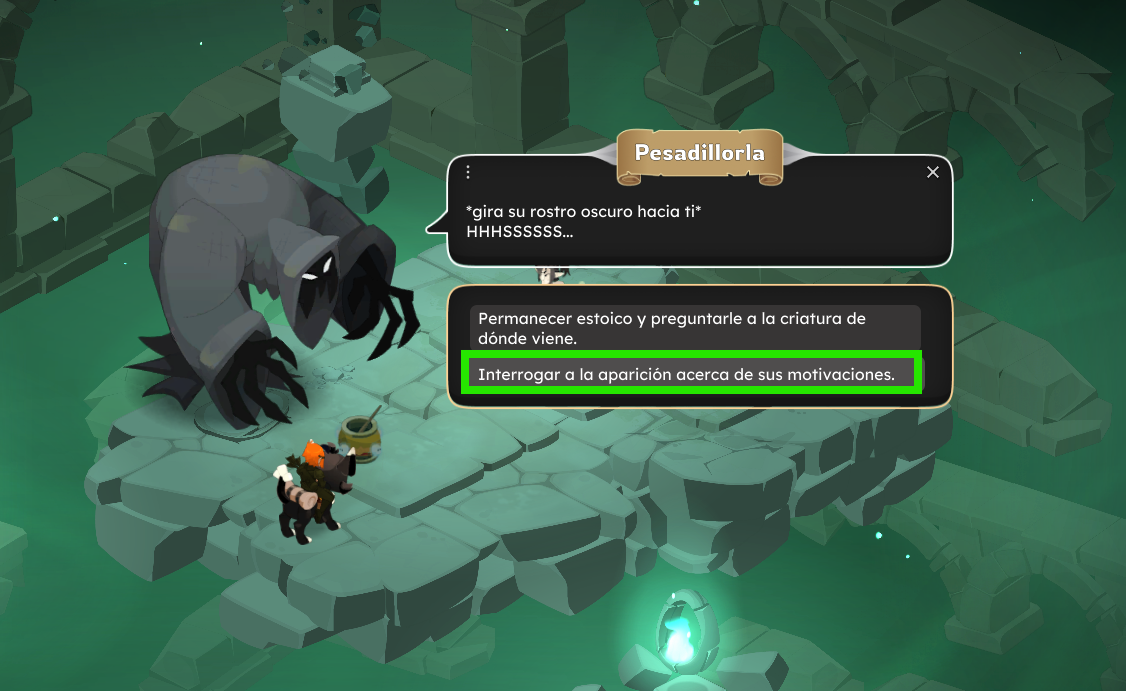 Dofus Torrente Arcano. Una criatura oscura con aspecto de insecto y grandes garras, ubicada en un entorno de piedra y ruinas, con un personaje pequeño y un texto de diálogo en la pantalla.