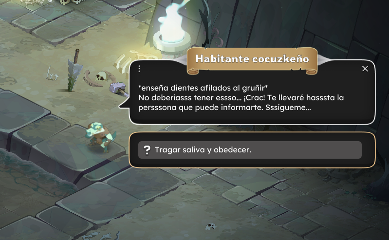 Personaje con estilo de fantasía en un entorno subterráneo o caverna, hablando con un NPC llamado "Habitante cocuzkeño" que tiene un enorme sombrero y un bastón, con un caldero humeante y calaveras en el fondo.